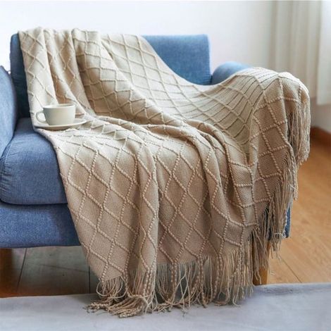 Couverture décorative en maille, résistante et douce, ornée de pompons, idéale pour un canapé-lit. Douce, chaude et confortable, elle est légère pour le printemps et l'été (130 cm x 230 cm) - Kaki - 1 (1/5)