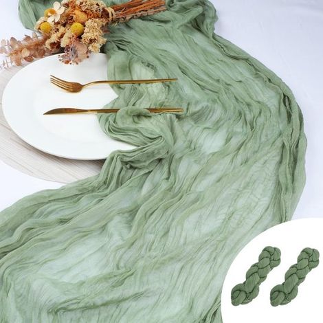 Lot de 2 chemins de table en tulle – Vert herbe – 90x400 cm – Plissés – Style bohème – Mariage et anniversaire (1/5)
