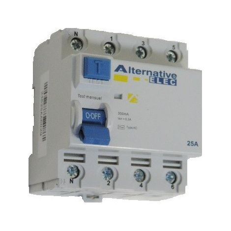 Interrupteur differentiel 25A 4P 300mA type AC à bornes vis alignées norme CE ALTERNATIVE ELEC AE24625