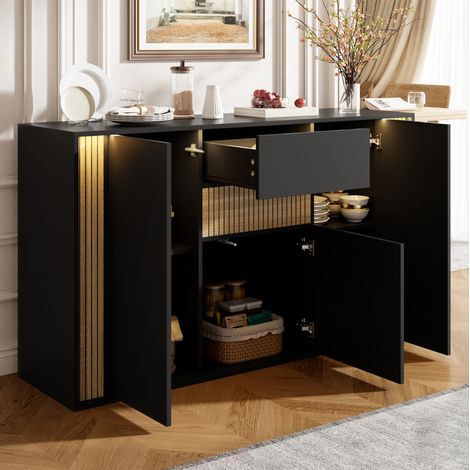 Aparador 140/40/82 cm negro y natural con 3 puertas, cajón e iluminación LED (1/5)