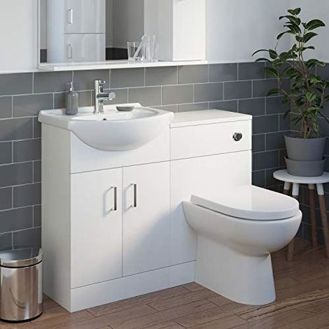 White Bathroom Vanity Unit & Single Tap hole Basin Sink Storage Floorstanding 1050mm Toilet Combination Unit (1/5)