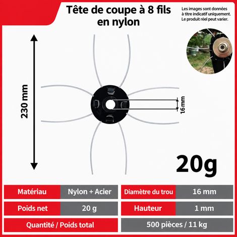 Fil de coupe en fil d'acier à 8 têtes modèle sans balais, plastique renforcé PP, mécanisme importé, 0.025, 230mm, 5mm, 20 × 20 × 0,5 cm, 25 g – Livraison gratuite