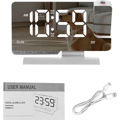 Réveil Digital LED Projection Blanc, Double Alarme, Ports USB/Type-C, Variateur 6 Niveaux, Affichage 16,7 cm, Snooze (1/5)