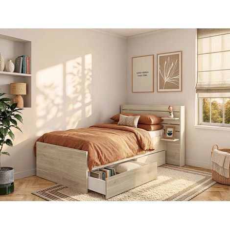 Lit 90 x 190/200 cm avec rangements - Coloris : Naturel + Sommier + Matelas - TENALIA II (1/5)
