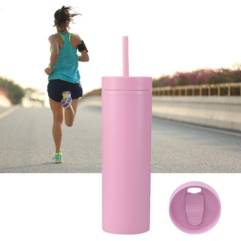 Gobelet en plastique givré à bords droits pour sports de plein air, gobelet en plastique à double paroi de 16 oz avec paille, rose 1767. (1/5)