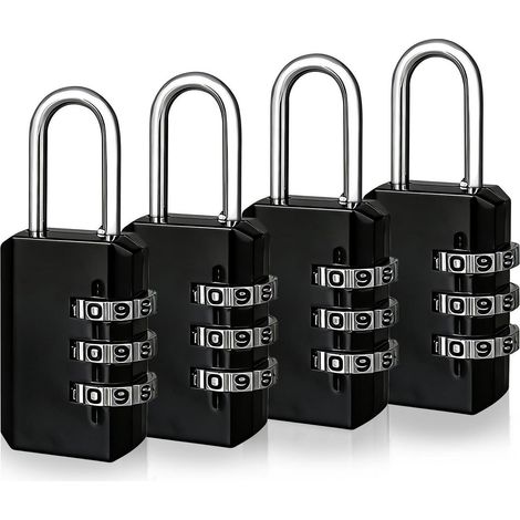4er-Pack Zahlenschloss klein, 3-stellig, für Koffer, Fitnessstudio, Reisen, Schwarz