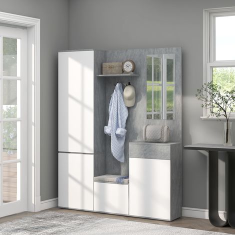 Gris et blanc - Porte-manteaux 4-en-1 avec miroir, crochets et étagères réglables internes, 145x29x184 cm