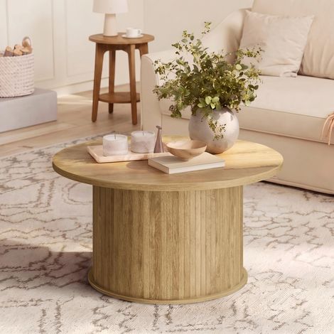Table Basse Ronde, Table de Salon, Design Tambour, Style Mid-Century Modern, Montage Facile, pour Salon, Bureau, 80 x 45 cm, Marron Naturel (1/5)
