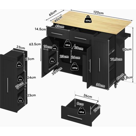 Îlot de cuisine, rangement intégré, avec tiroirs, 120 x 40 x 90 cm, MDF, noir (1/5)