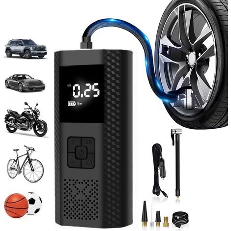 Compresseur d'air portable pour pneus, pompe à pneus pour voiture avec manomètre, sans fil et intelligent, convient aux voitures, motos,vélos (1/5)