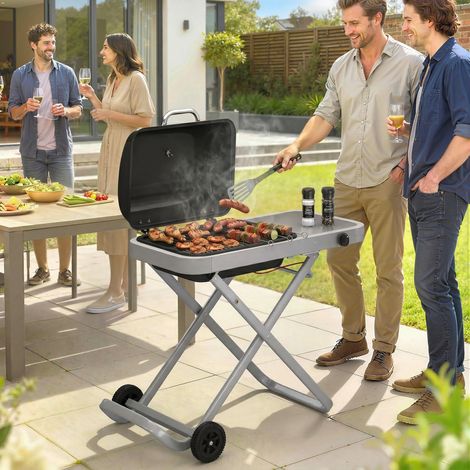 Barbacoa de Gas Plegable con Quemador 2,5 kW Tapa Termómetro Mesa Lateral y 2 Ruedas Parrilla Recogedor Grasa Negro (1/5)