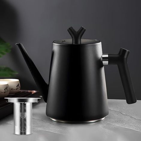 Teapot with Infuser 1.5 L, Stainless Steel Double Walled Black with Filter for Tea and Coffee, for All Hobs, Design (1/5)