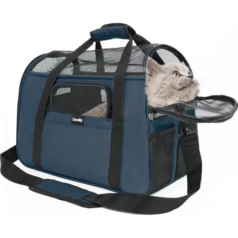 Sac de Transport pour Chat et Chien, Sac de Transport Respirant et Pliable Caisse de Transport pour Chat avec Bandoulière Réglable, Matelas en Peluche Amovible (Bleu Foncé, M) (1/5)