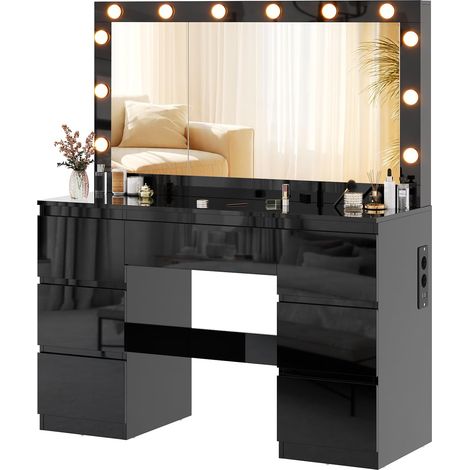 Coiffeuse avec Grande Miroir et Multiprise, 12 Ampoules LED Réglables, Table de Maquillage avec 7 Tiroirs, Rangement de Bijoux, Grande Commode Moderne (Noir Brillant (Ampoules LED)) (1/5)