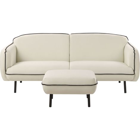Divano a 3 posti Retro Glam Art Deco con poggiapiedi Ottomano Rivestimento in tessuto Gambe in metallo Bordi neri Soggiorno Beige chiaro Tonsberg