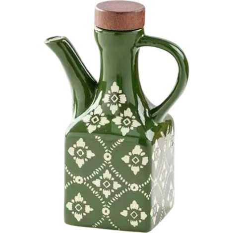 Dispensador De Aceite - Cerámica Verde 400 Ml - Boquilla Antigoteo En Acero Inoxidable - Tapa De Madera - Para Cocina (1/5)