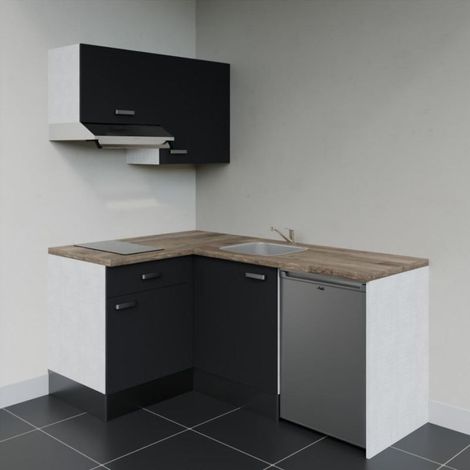 Kitchenette KA02 Noir - Plan de travail Bois - Crédence : Non - Electroménager : Inox (1/4)