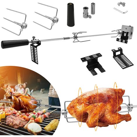 TolleTour Kit girarrosto elettrico 107 cm per barbecue a gas, carbone o affumicatore, acciaio inox, 2 forchette, rotazione 2 giri/min