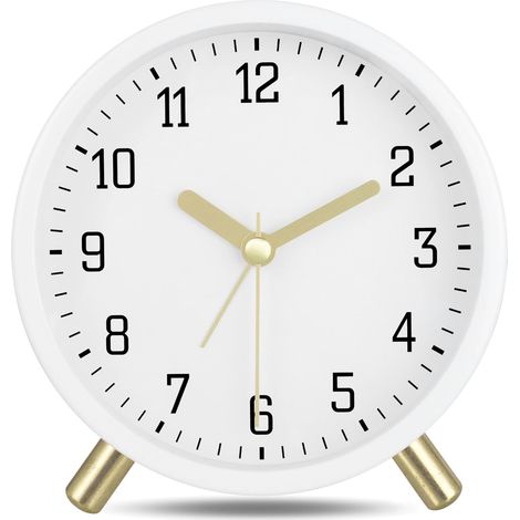 Sveglia analogica silenziosa in metallo con luce notturna, design classico moderno bianco, semplice orologio da tavolo per camera da letto o comodino, 11 cm