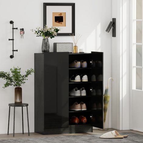 Meuble à chaussures d'entrée avec 2 portes à fermeture douce et étagères réglables pour 20 paires de chaussures, noir brillant