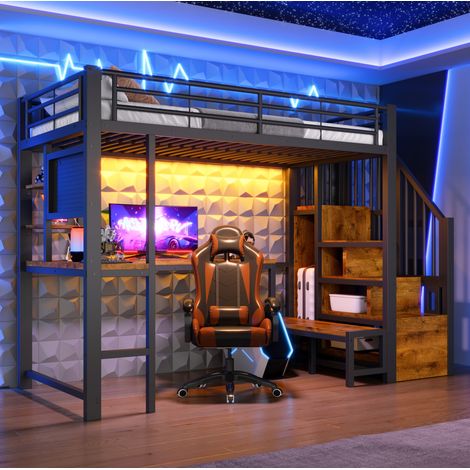Lit mezzanine 90x200 cm avec bureau, étagères, rangement d'escalier, USB/USB-C, LED, noir (1/5)