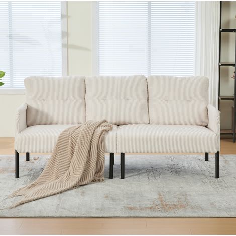 Divano 3 posti in velluto a coste beige, schienale alto, tasca laterale HAVRYA (1/5)