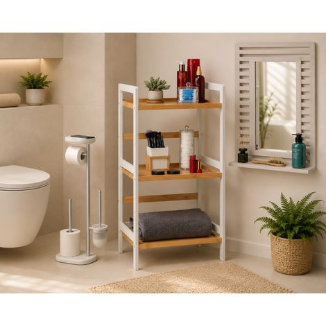 Set da bagno in stile vintage (3 pezzi) – Portarotolo, specchio a doghe e mensola in bambù (1/5)