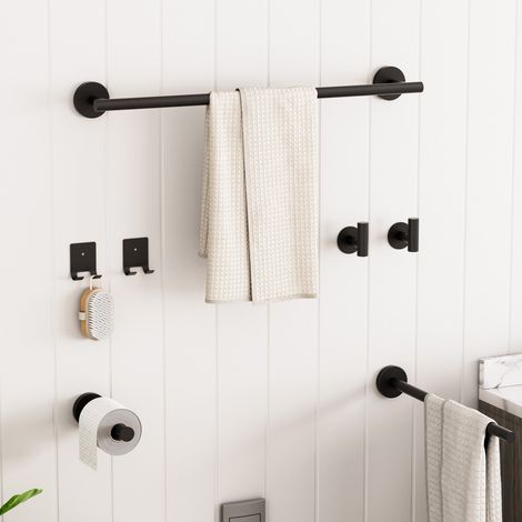 Cecipa MAX 7PCS Ensemble de Salle de Bain - 1 Barre à Serviettes + 1 Barre à Serviettes Latérale + 1 Porte-rouleau de Papier + 4 Crochets (Noir)