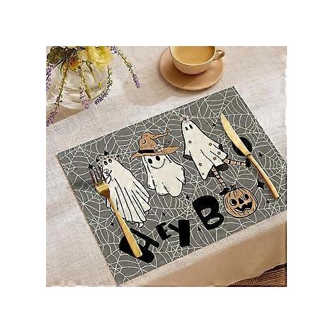 Halloween-Tischsets aus Leinen, Serie „Süßes oder Saures“, Kombinations-Tischsets, Restaurant-Festtagsdekoration, Geschirr-Isolierunterlagen (YMCD-46)