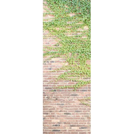 Papier peint panoramique brique rouge & lierre | Tapisserie panoramique imitation brique avec plante verte | Papier peint panoramique cuisine & couloir - 280 x 100 cm (1 pièce) (1/2)