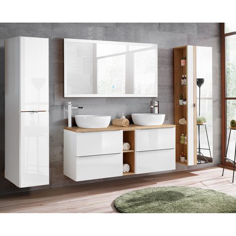 Badezimmer Set weiß Hochglanz mit Keramik-Doppel-Waschtisch TOSKANA-56 LED-Touch-Spiegel, BxHxT ca. 260/190/46cm (1/5)