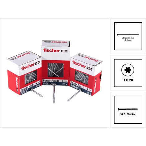 Fischer 500x Power-Fast II FPF II CTP 5 x 35 mm BC Tête fraisée avec empreinte TX20 Filetage partiel galvanisé bleu passivé - 670371