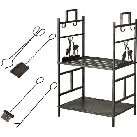 Portalegna en fer battu avec attrezzi camino, manici e base rialzata, 51,5x33x77cm, noir