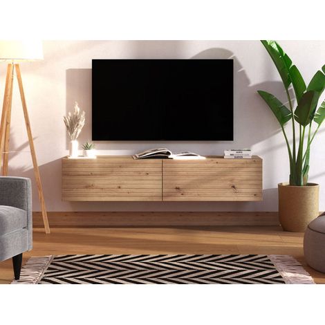 Mobile Porta tv Cedrasco, un Ripiano, 2 Ante, Anta Effetto Rigato, 154x41.5x32h cm Marrone Rovere Nodi (1/5)
