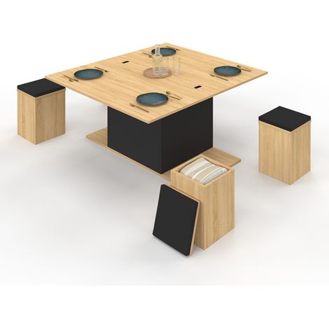 Idmarket – Table basse relevable convertible en table à manger – Dimensions 100x55-110 cm – Bois mélaminé noir avec poufs de rangement – Hauteur ajustable 39-51 cm (1/5)