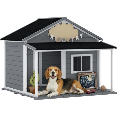 Hundehütte Outdoor-Hundehütte, inkl. Véranda, meilleur état, 124 cm x 112 cm x 105 cm, Grau + Weiß (1/5)