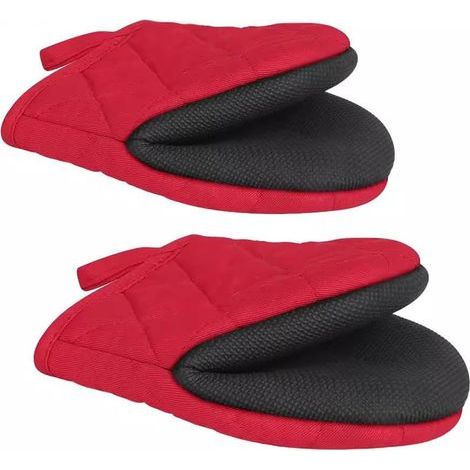 1 paire de gants de cuisine courts résistants à la chaleur en coton et surface antidérapante et gants de cuisine pour la cuisson, le barbecue, le micro-ondes, rouge (1/5)