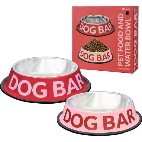 2 gamelles chien en acier inoxydable “dog bar”. Gamelle antidérapante rose et rouge pour chien. Gamelle chien nourriture 500 ml et gamelle eau 1000 ml (1/5)