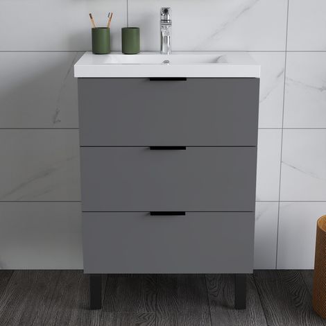 High Gloss Anthracite MDF Vanity Unitгм600385850mm,wall-mountedгмDetachableгмSoft Closeгмthree drawer + 610395mm White Ceramic Basin
