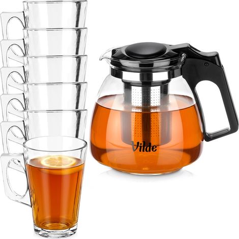 Teiera in vetro resistente al calore con infusore da 1,15 l + bicchieri da 255 ml (6 pezzi). (1/5)