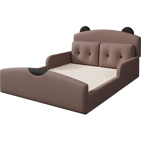 Letto a piattaforma 140x200 cm in lino con testiera orso, 2 cuscini HOMVRA (1/5)