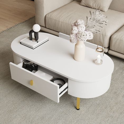 Table basse 108x50x40 cm blanc en MDF avec 2 tiroirs et finitions dorées (1/5)