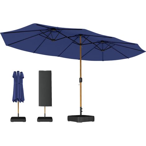 Parasol double à 12 baleines avec manivelle, pied en croix et sacs de lestage, 4,7 x 2,8 m, bleu foncé (1/5)