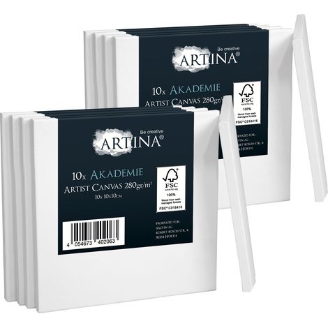 Artina Set da 10 Tele per Pittura 10x10 cm Serie Akademie - 100% Cotone Bianco 280g/m² - Telaio in Legno Certificato FSC - non si deforma (1/5)