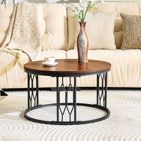 Table basse ronde avec plateau imitation bois et structure en métal, table de salon moderne avec structure géométrique en fer, table d'appoint ronde stable, env. 70 x 40,5 cm (1/5)