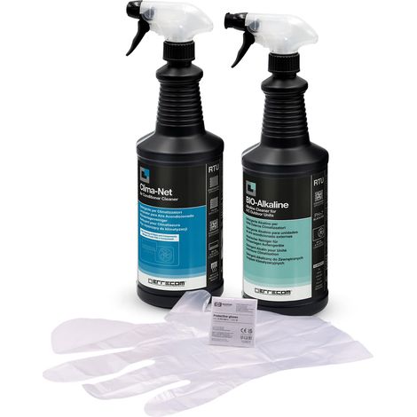 Errecom Kit pulizia climatizzatori, include Clima-Net 1L per pulizia unità interna e filtri, Bio Alkaline 1L detergente alcalino con tensioattivi biodegradabili per pulizia unità esterna, guanti