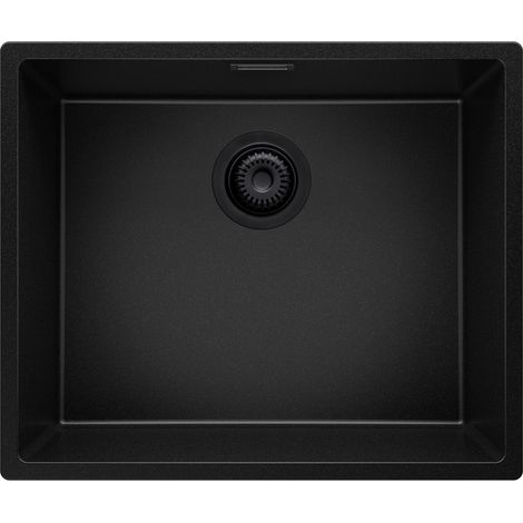 PRIMAGRAN Evier Cuisine en Granit 56x47cm, Lavabo 1 bac + Kit de Vidage, Évier à Encastrer au meuble 60cm - London Slim, Tout Noir