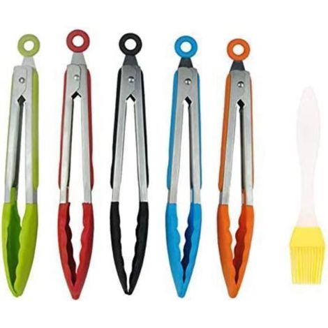 Lot de 5 pinces de cuisine en acier inoxydable, tête en silicone résistant à la chaleur, pour barbecue et salade (1/5)