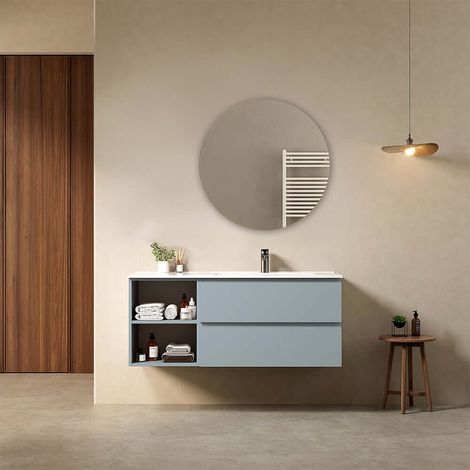 Mobile bagno sospeso 120 cm Blu Avio Lavabo a Destra in Ceramica Specchio Tondo - Fiji Paint Plus (1/4)