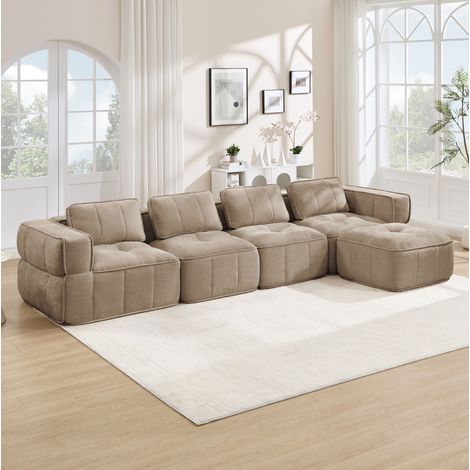 Canapé d’angle modulable 4 places avec pouf, 344 x 162 x 67 cm, polyester, sable HAVRYA (1/5)